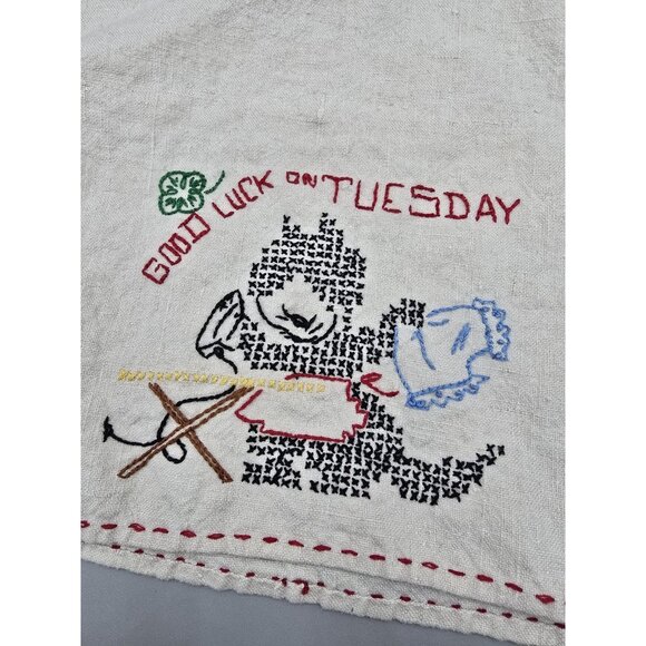 VTG Hand Embroidered Cross Stitch Kitchen Good Luck Linen Dish Towel Black Cat - Picture 2 of 7